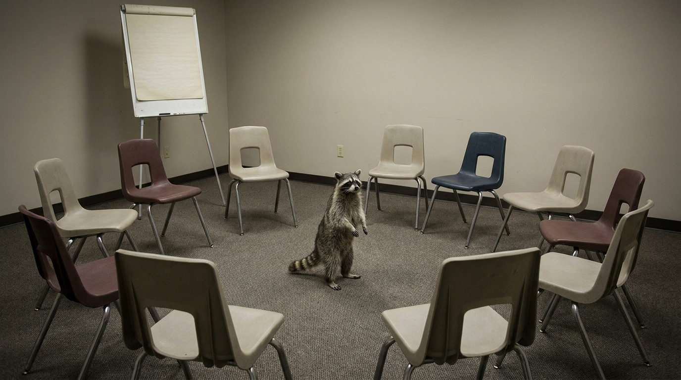 Deeskalationstraining Satire: Waschbär steht in einem Schulungsraum vor einem Stuhlkreis