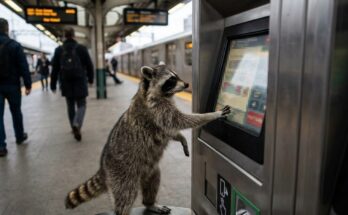Deutschlandticket Satire: Waschbär steht am Ticketautomaten und tippt auf den Bildschirm