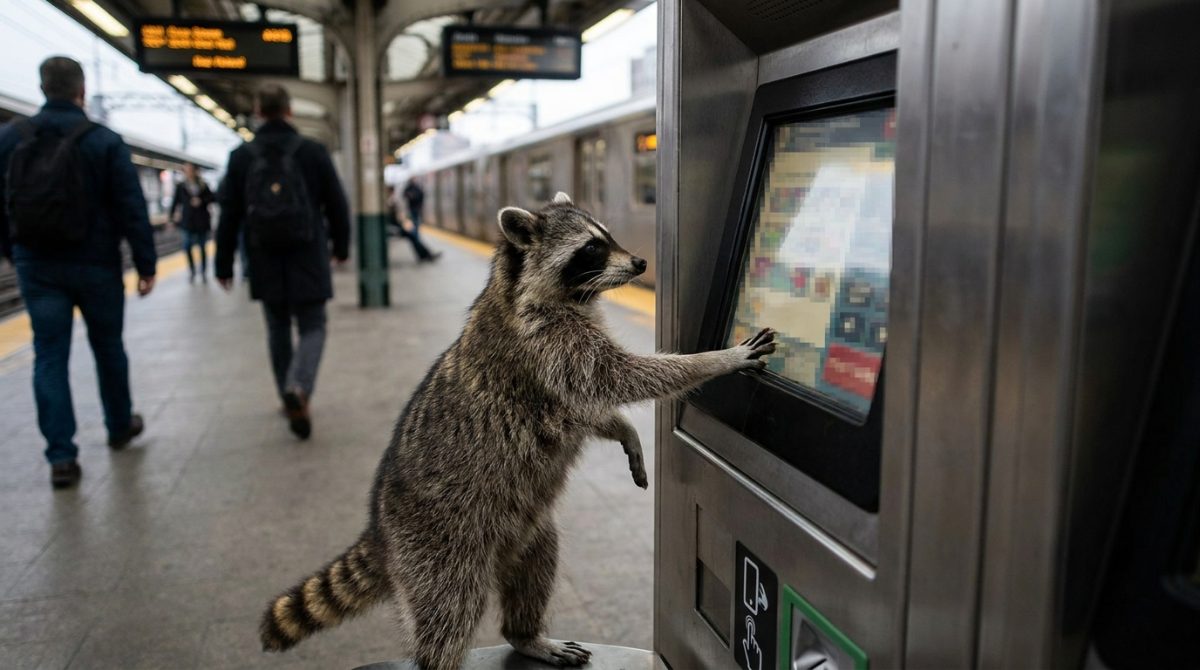 Deutschlandticket Satire: Waschbär steht am Ticketautomaten und tippt auf den Bildschirm