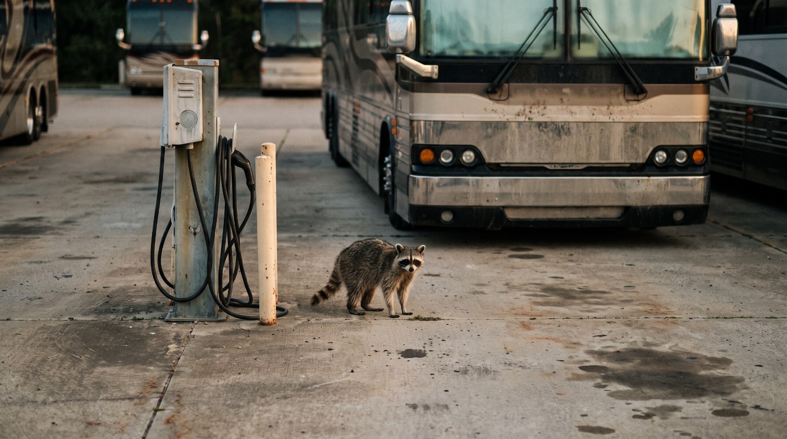 Waschbär steht an einer Ladesäule neben einem Dieselbus auf einem Busbahnhof