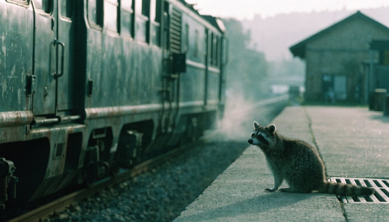 Dieselnetz Ausstieg Satire: Waschbär sitzt auf dem Bahnsteig neben einem alten Dieseltriebwagen an einer kleinen Landstation