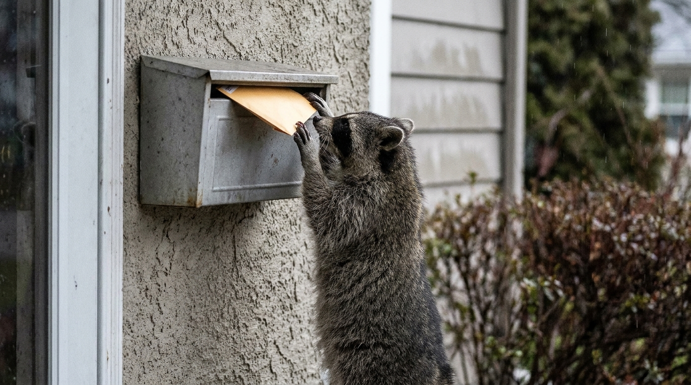 Digitale Identität Satire: Waschbär steht vor einem Briefkasten an einer Hauswand