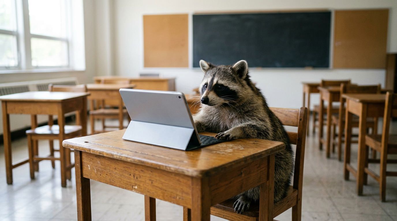 Digitalpakt Satire: Waschbär sitzt an einem Schultisch vor einem aufgeklappten Tablet