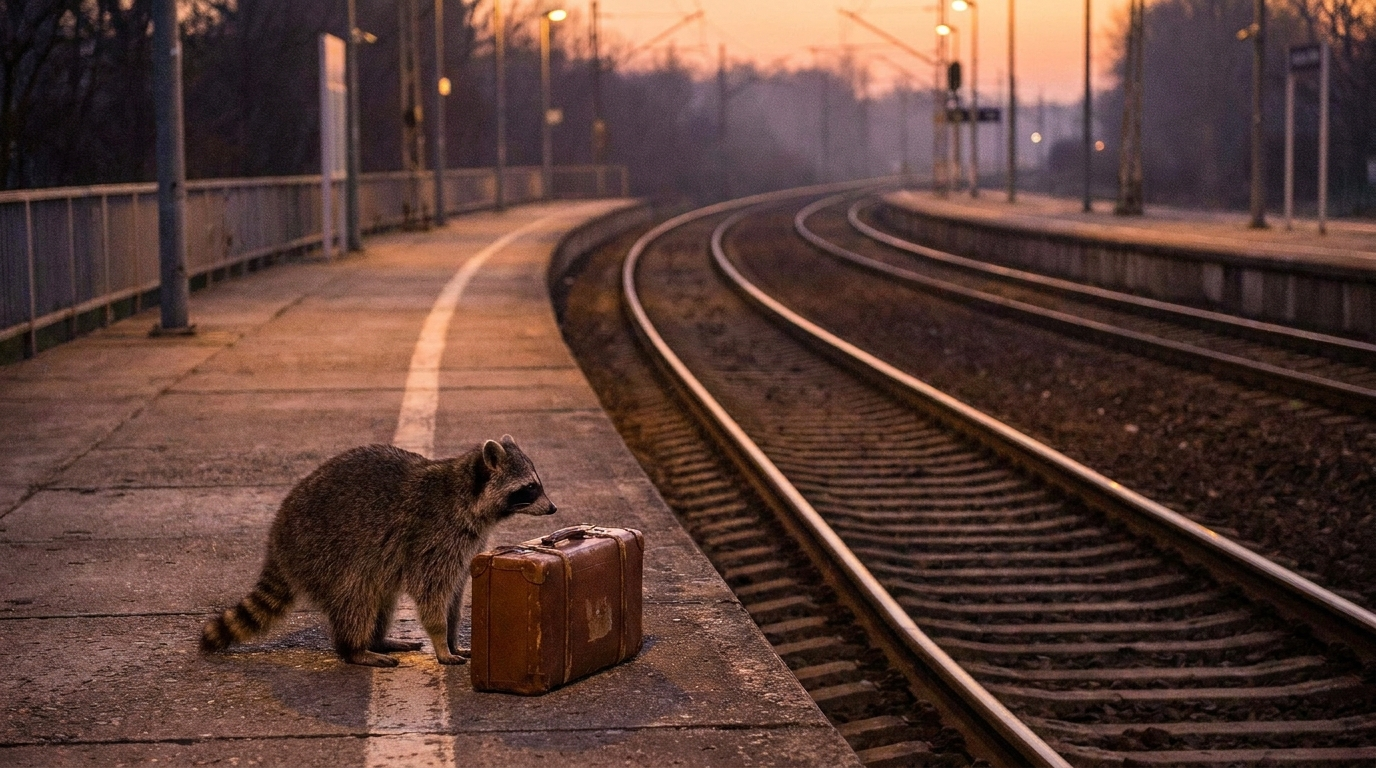Direktzüge Satire: Waschbär steht mit Koffer allein am Bahnsteig in der Abenddämmerung