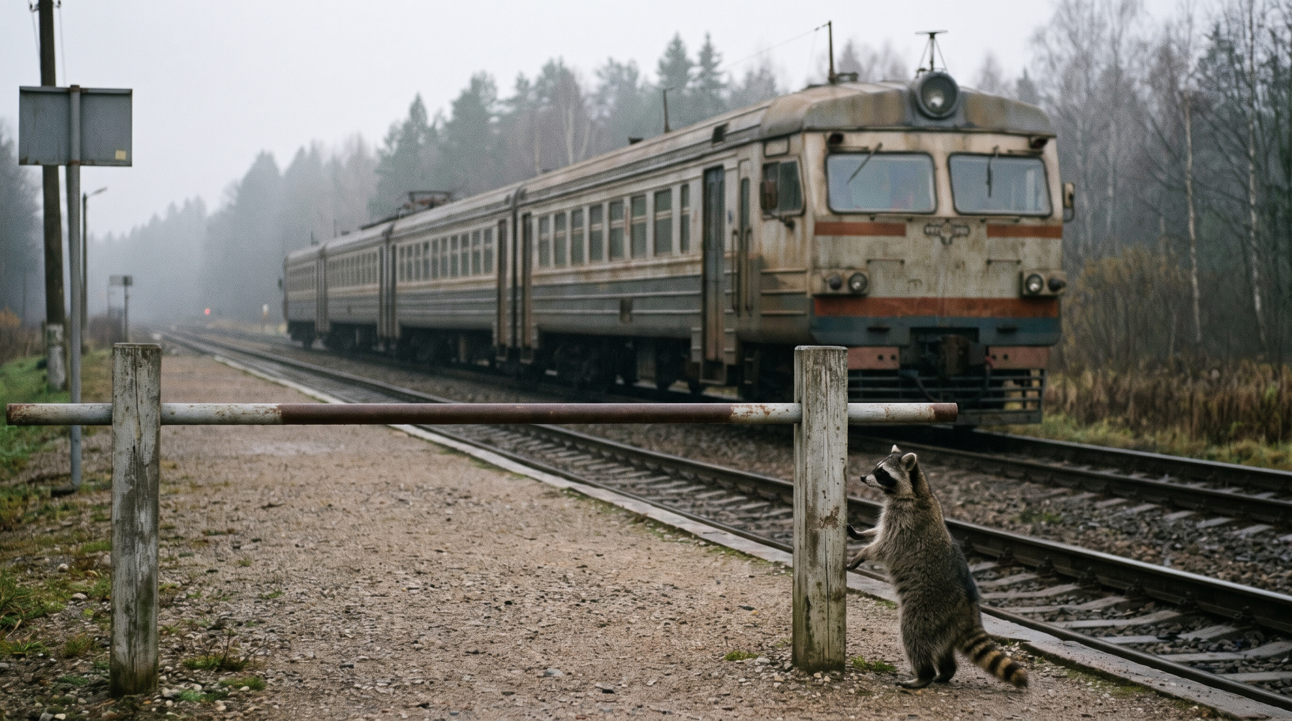 Grenze Satire: Waschbär steht an einem Grenzbahnhof vor einem stehenden Zug