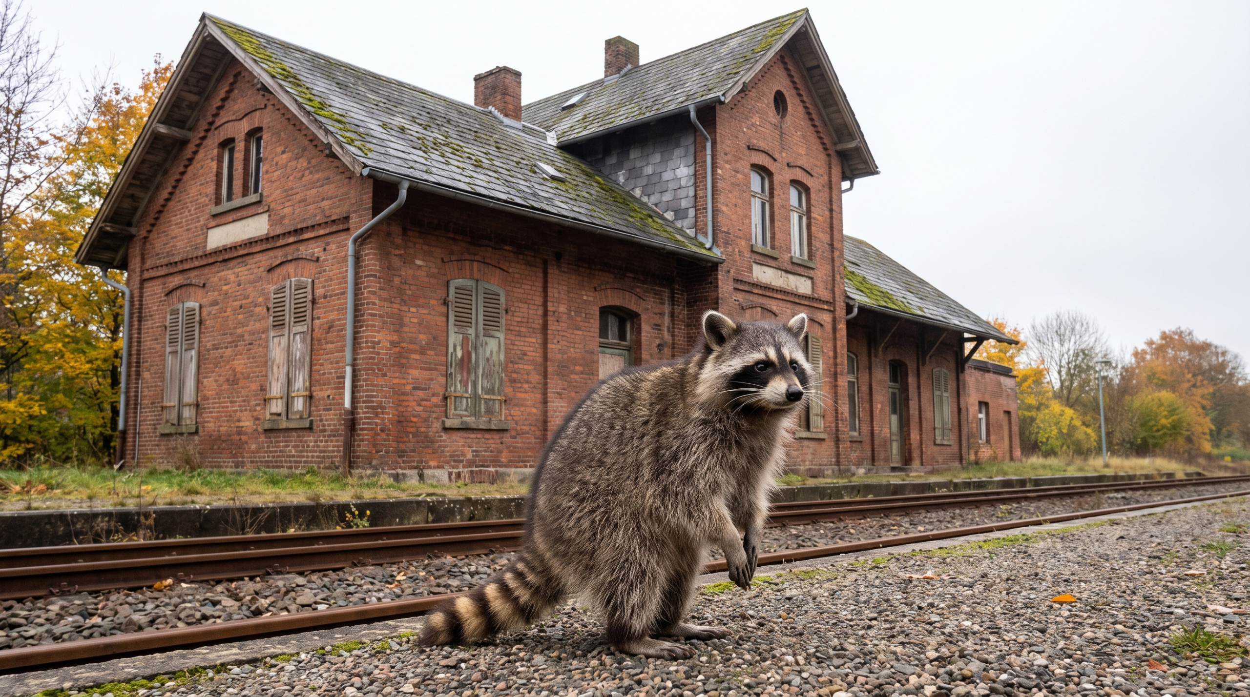 Bahnhofsgebäude Satire: Waschbär steht vor einem alten Bahnhofsgebäude auf dem Land