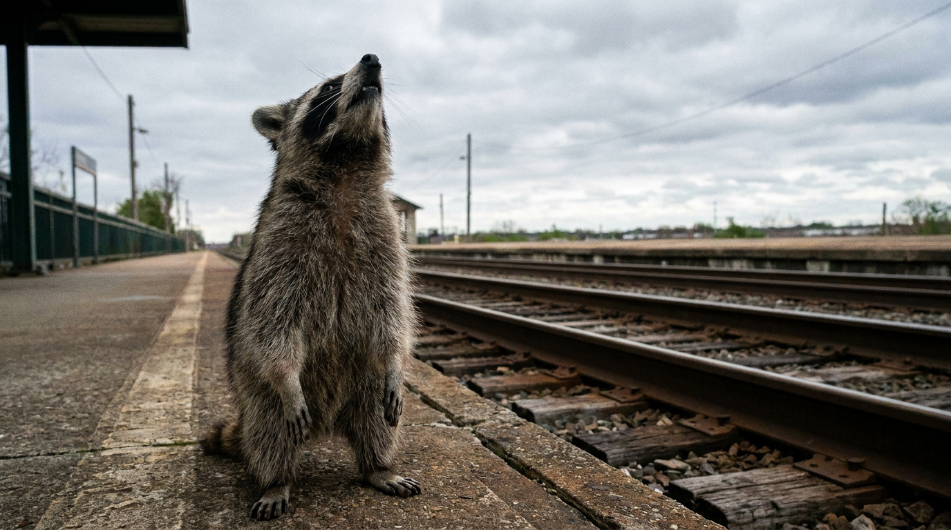 Drohne Flughafen Bahn Satire: Waschbär steht auf einem leeren Bahnsteig und blickt in den weiten Himmel