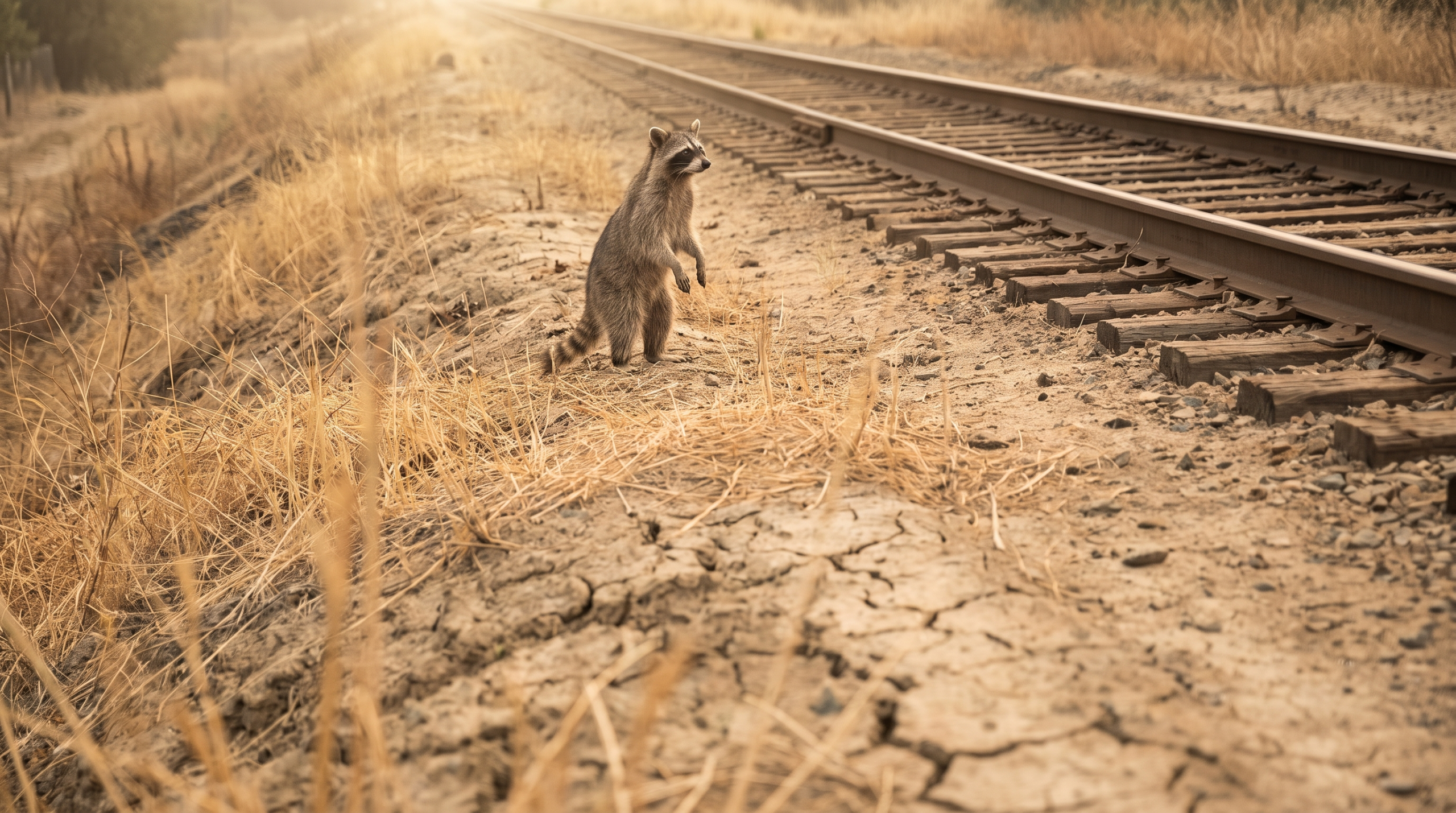 Dürre Satire: Waschbär steht an einer ausgetrockneten Bahnböschung mit vergilbtem Gras