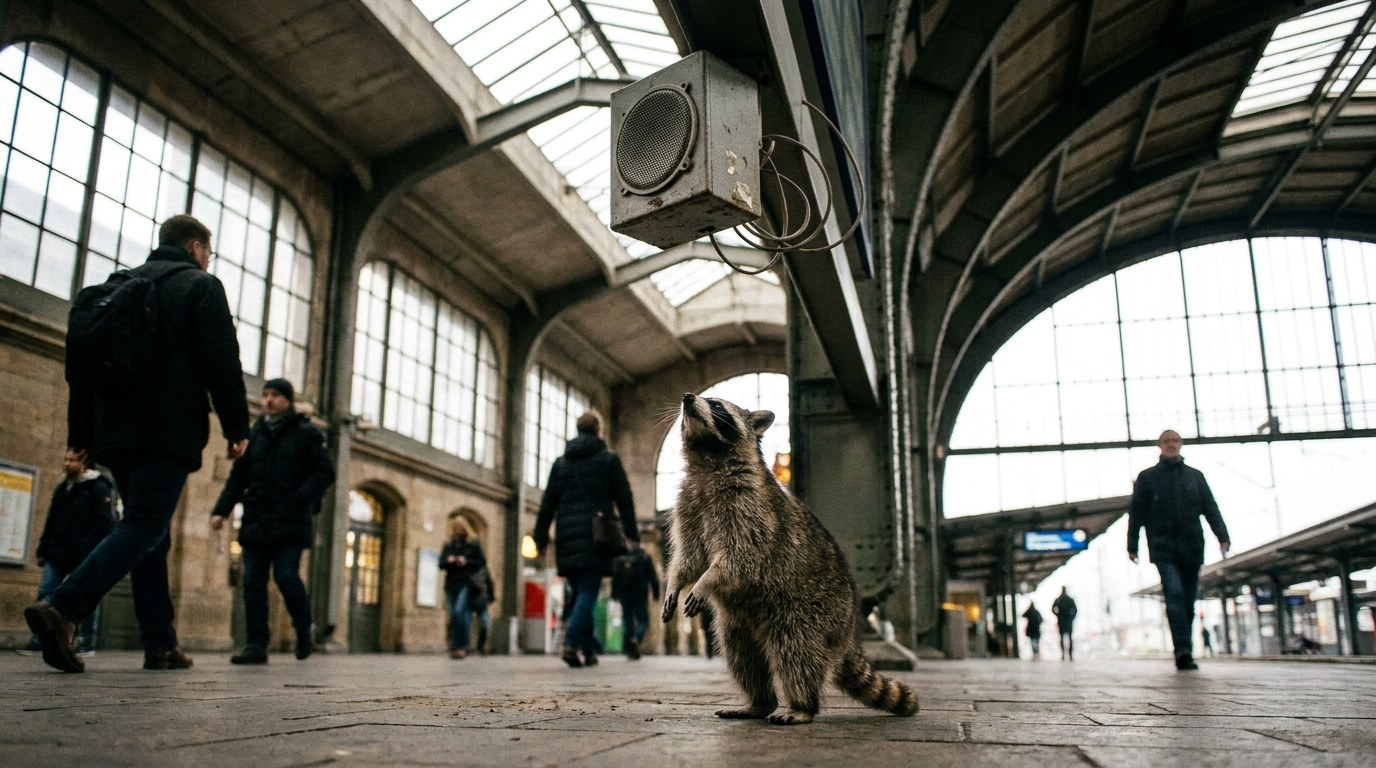 Durchsage Satire: Waschbär steht unter einem Lautsprecher in einer Bahnhofshalle