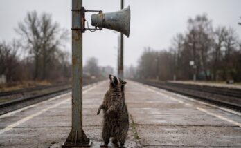 Waschbär steht unter einem Lautsprecher auf einem Bahnsteig