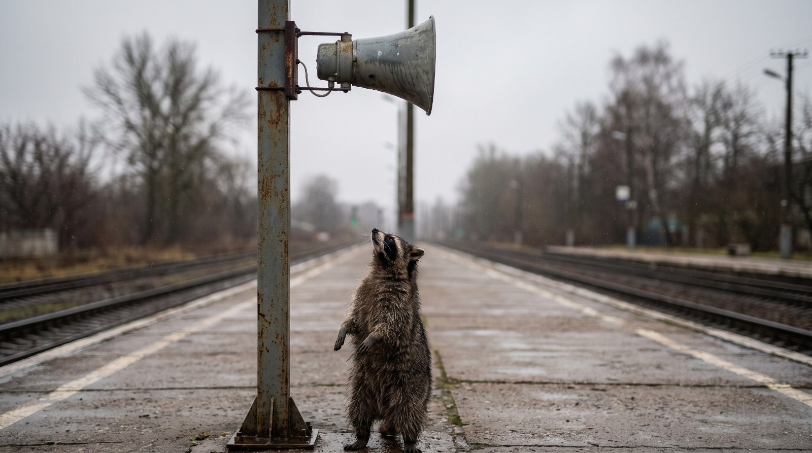 Waschbär steht unter einem Lautsprecher auf einem Bahnsteig