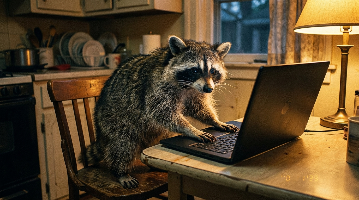 Dynamischer Preis Satire: Waschbär sitzt vor einem Laptop an einem Küchentisch und blickt angespannt