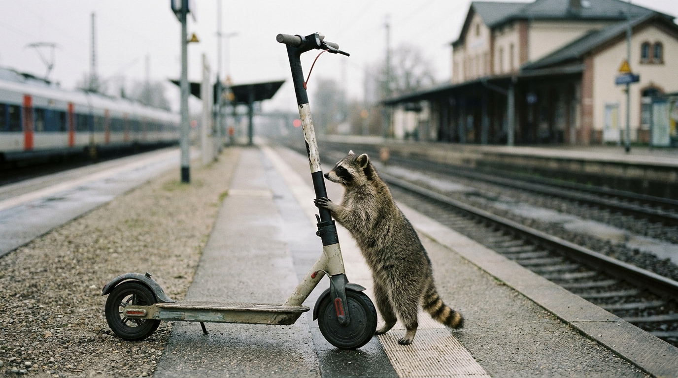 E-Scooter Satire: Waschbär steht neben einem abgestellten E-Scooter auf einem Bahnsteig