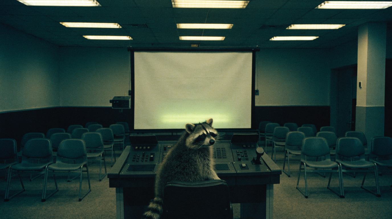 Einstellungsprofil Simulator Satire: Waschbär sitzt im Fahrsimulator eines leeren Schulungsraums vor einer leeren Leinwand