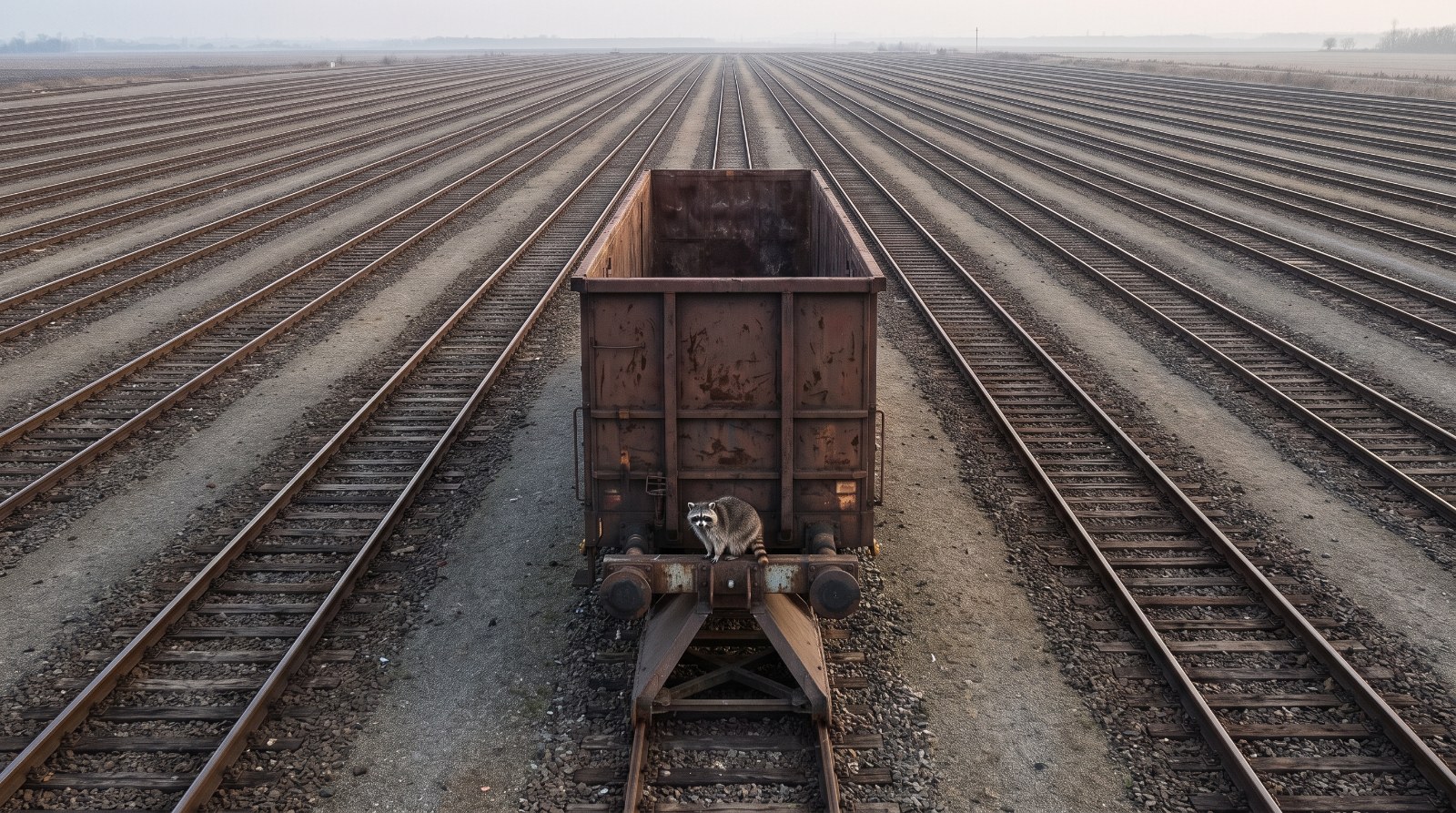 Waschbär sitzt auf einem einzelnen abgestellten Güterwagen in einem weiten leeren Rangierbahnhof