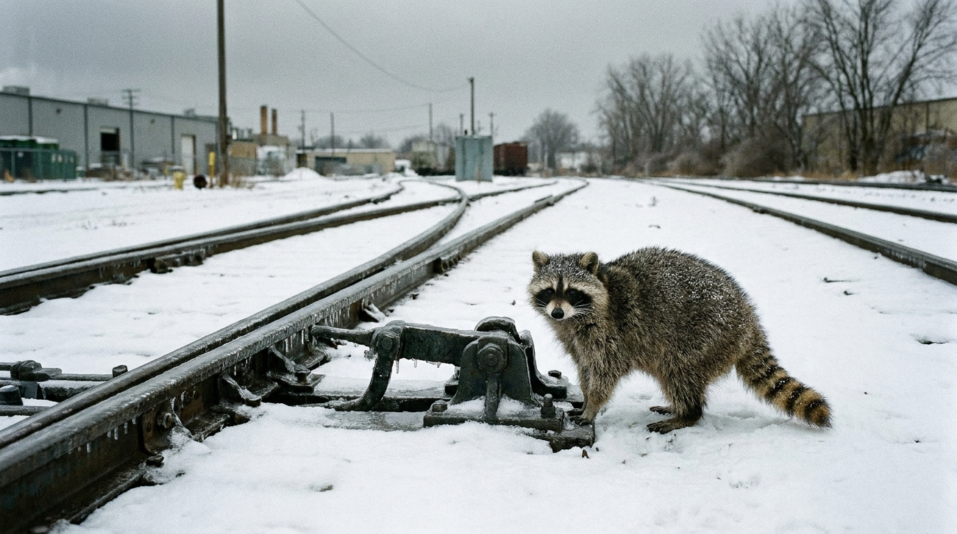 Eisregen Satire: Waschbär steht neben einer vereisten Weiche auf einem winterlichen Gleisfeld
