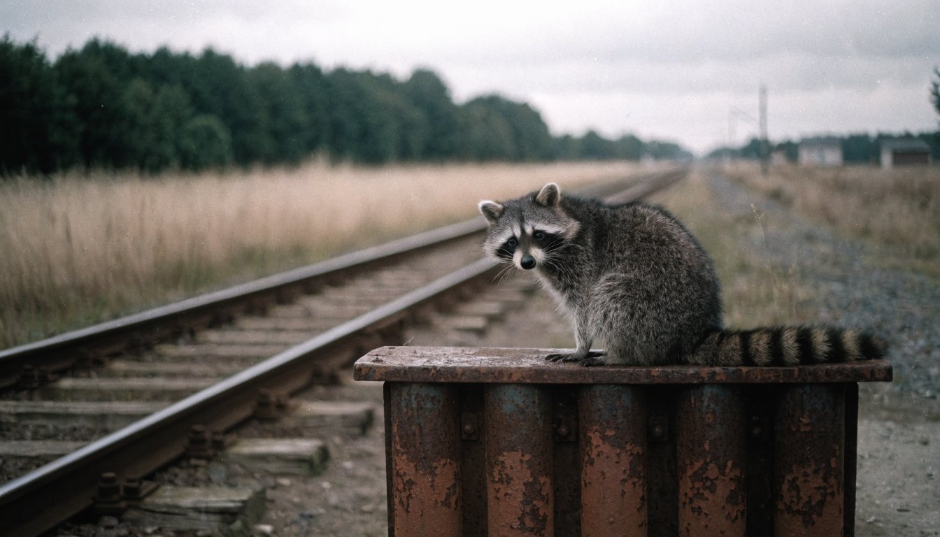 Elektrifizierung Förderrichtlinie Satire: Waschbär sitzt auf einem Prellbock am Ende einer Strecke ohne Oberleitung