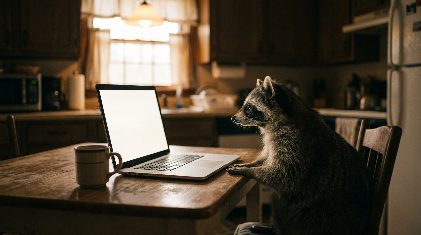 Steuerportal Satire: Waschbär sitzt vor einem Laptop an einem Küchentisch