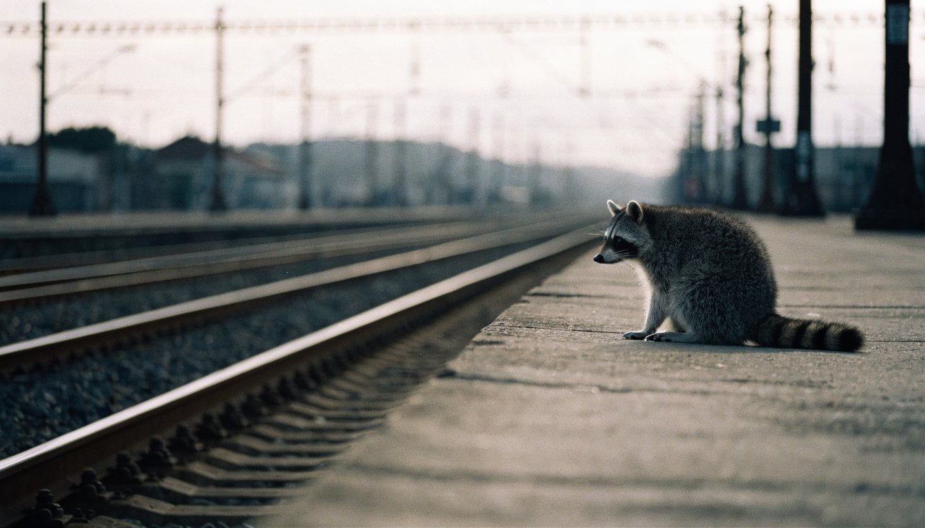 Energieverbrauch Verkehrsleistung Satire: Waschbär sitzt auf einem breiten leeren Bahnsteig neben mehreren leeren Gleisen