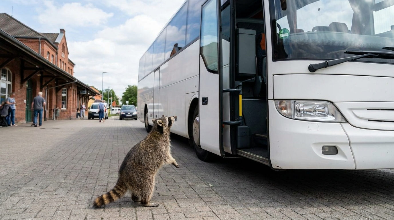 Schienenersatzverkehr Satire: Waschbär steht vor einem weißen Ersatzbus auf dem Bahnhofsvorplatz