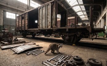 Waschbär steht in einer Werkhalle neben einem geöffneten Wagenkasten