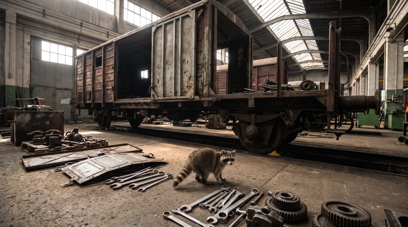 Waschbär steht in einer Werkhalle neben einem geöffneten Wagenkasten