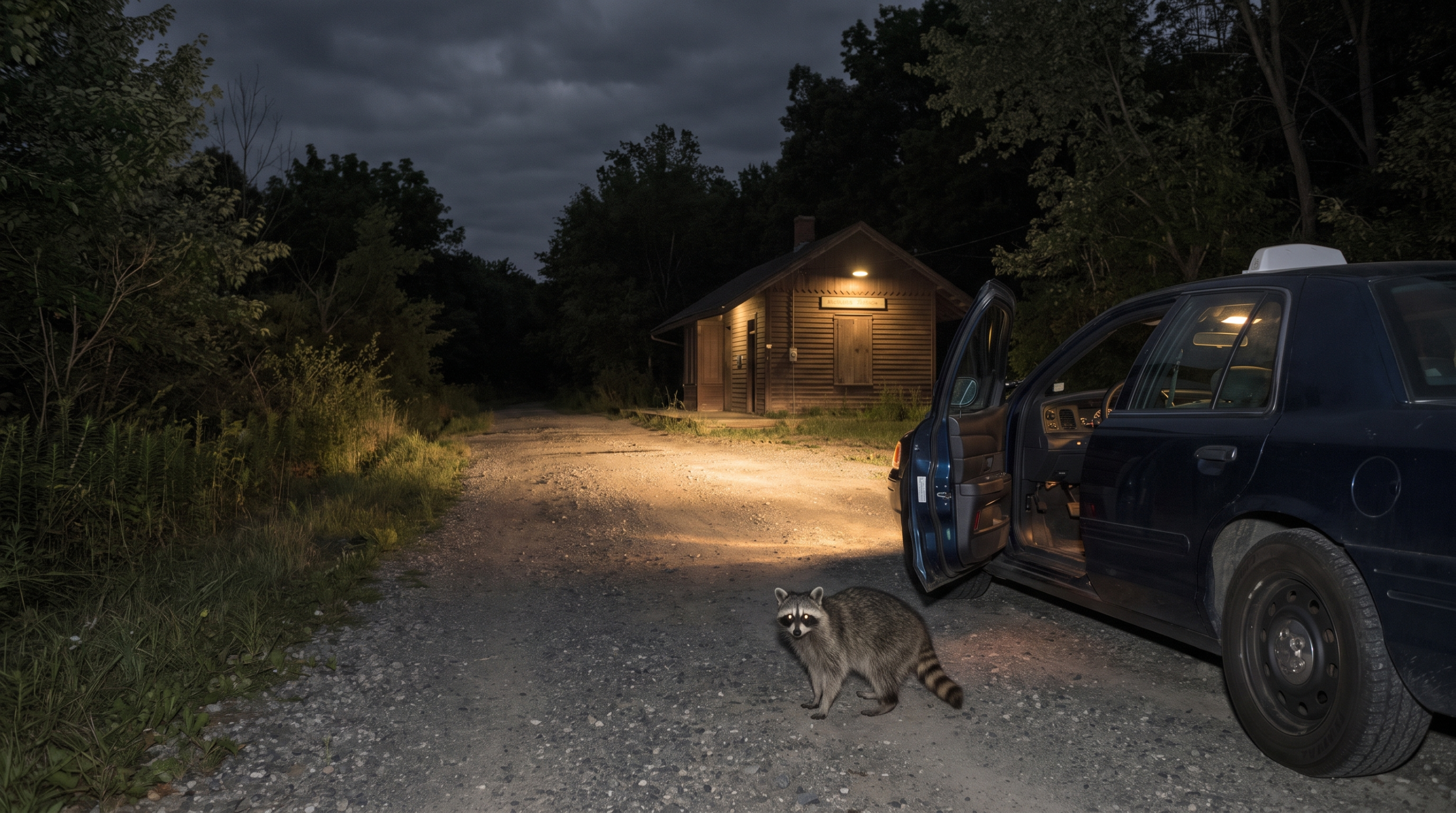 Taxi Satire: Waschbär steht nachts neben einem Taxi vor einem kleinen Bahnhof