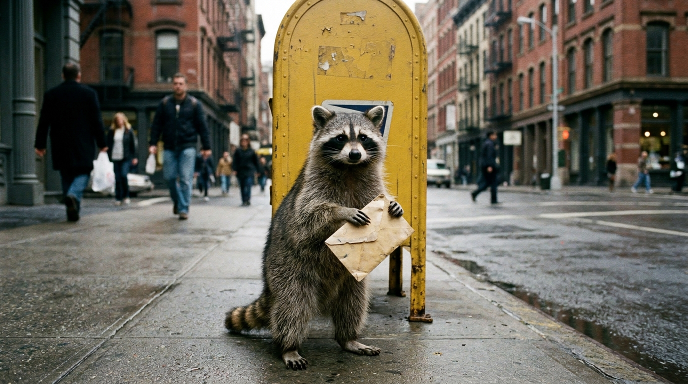 Erstattungsportal Satire: Waschbär steht mit einem Briefumschlag vor einem gelben Briefkasten