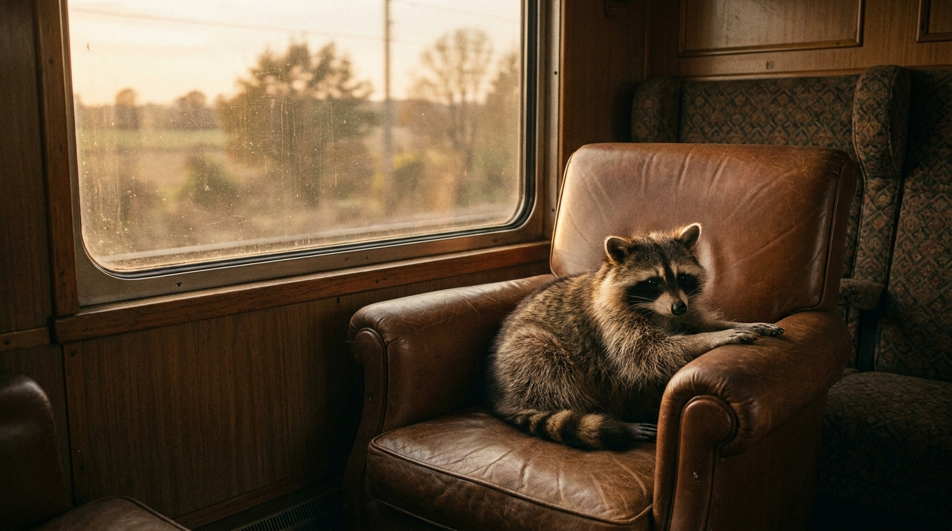 Erste Klasse Bahn Satire: Waschbär sitzt in einem breiten Ledersessel am Fenster eines leeren Zugabteils