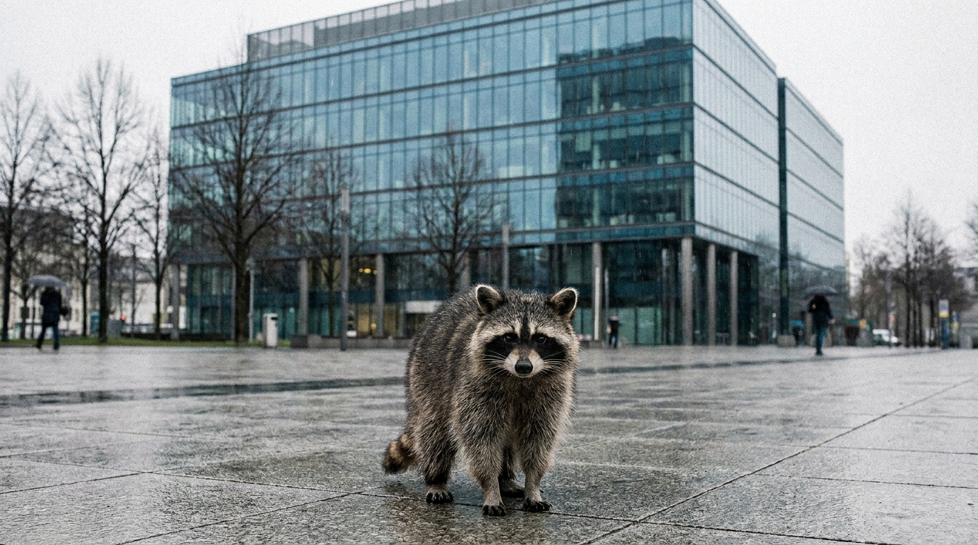 EU Fahrgastrechte Satire: Waschbär steht vor einem modernen Bürogebäude mit blauer Fassade