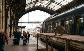 Waschbär steht auf einem Bahnsteig vor einem internationalen Zug in einer großen Halle