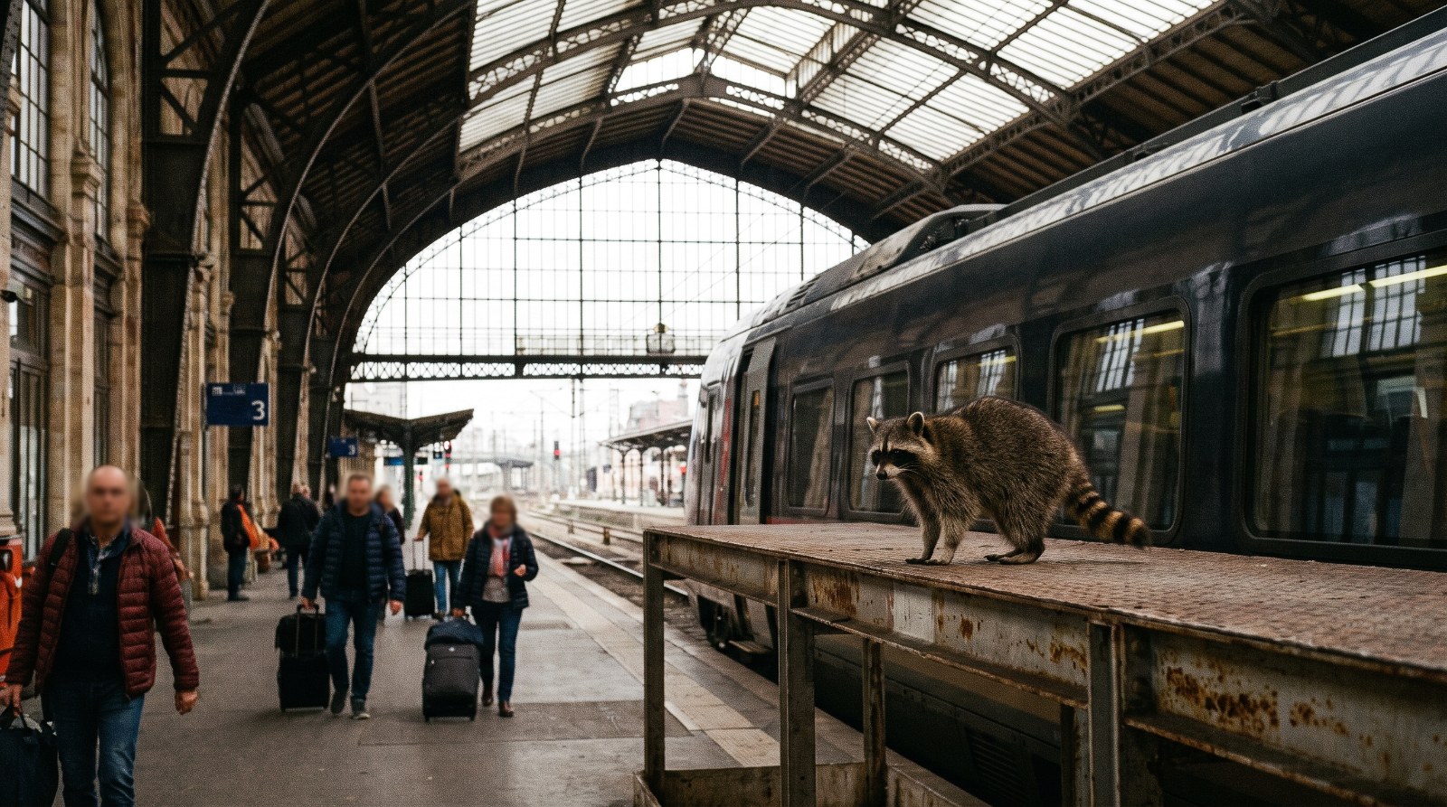 Waschbär steht auf einem Bahnsteig vor einem internationalen Zug in einer großen Halle
