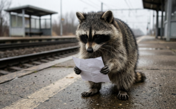 Fahrgastrechte Entschädigung Satire: Waschbär steht am Bahnsteig und hält ein zerknittertes Formular in den Pfoten
