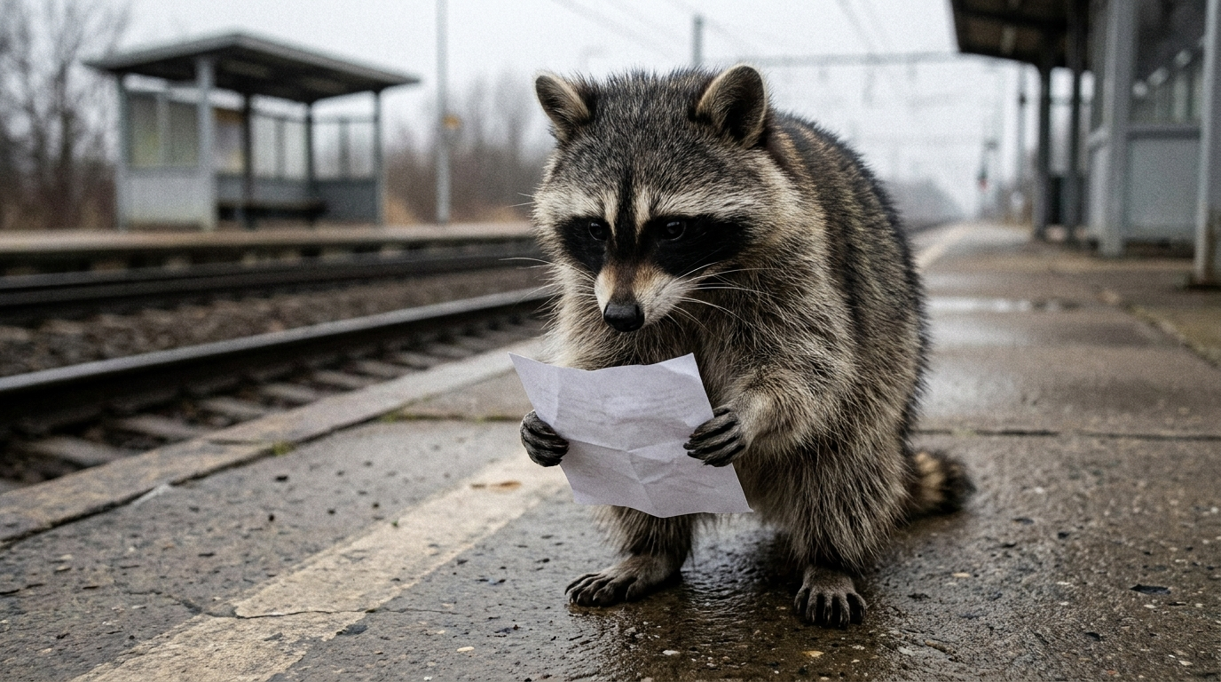 Fahrgastrechte Entschädigung Satire: Waschbär steht am Bahnsteig und hält ein zerknittertes Formular in den Pfoten