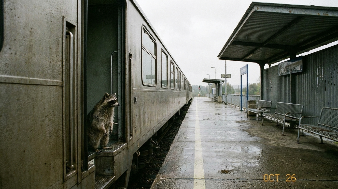Fahrgastzählung Satire: Waschbär steht in einer geöffneten Zugtür und blickt auf den leeren Bahnsteig