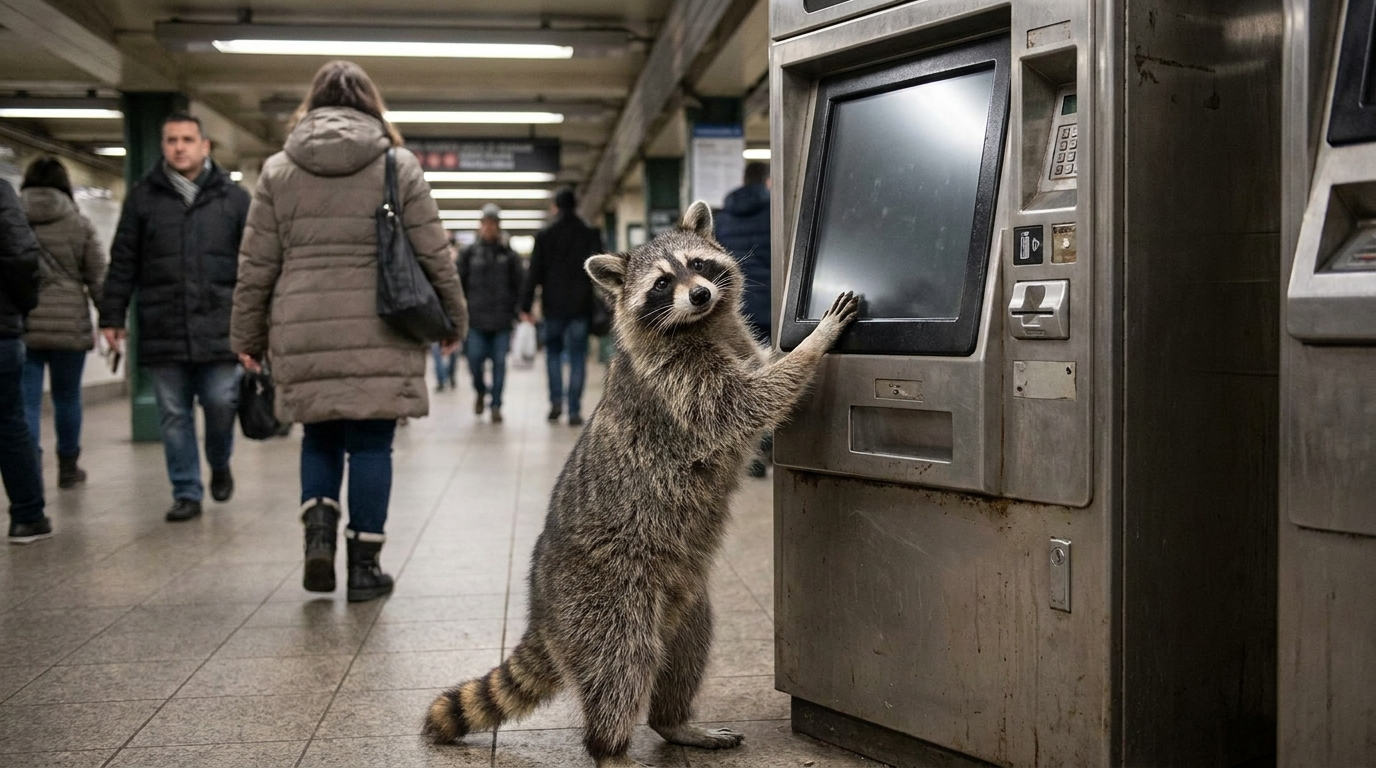 Fahrkartenautomat Satire: Waschbär steht ratlos vor einem großen Fahrkartenautomaten in einer Bahnhofshalle