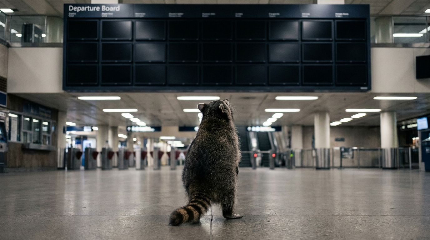 Fahrplanwechsel Satire: Waschbär steht vor einer großen Anzeigetafel in einer Bahnhofshalle