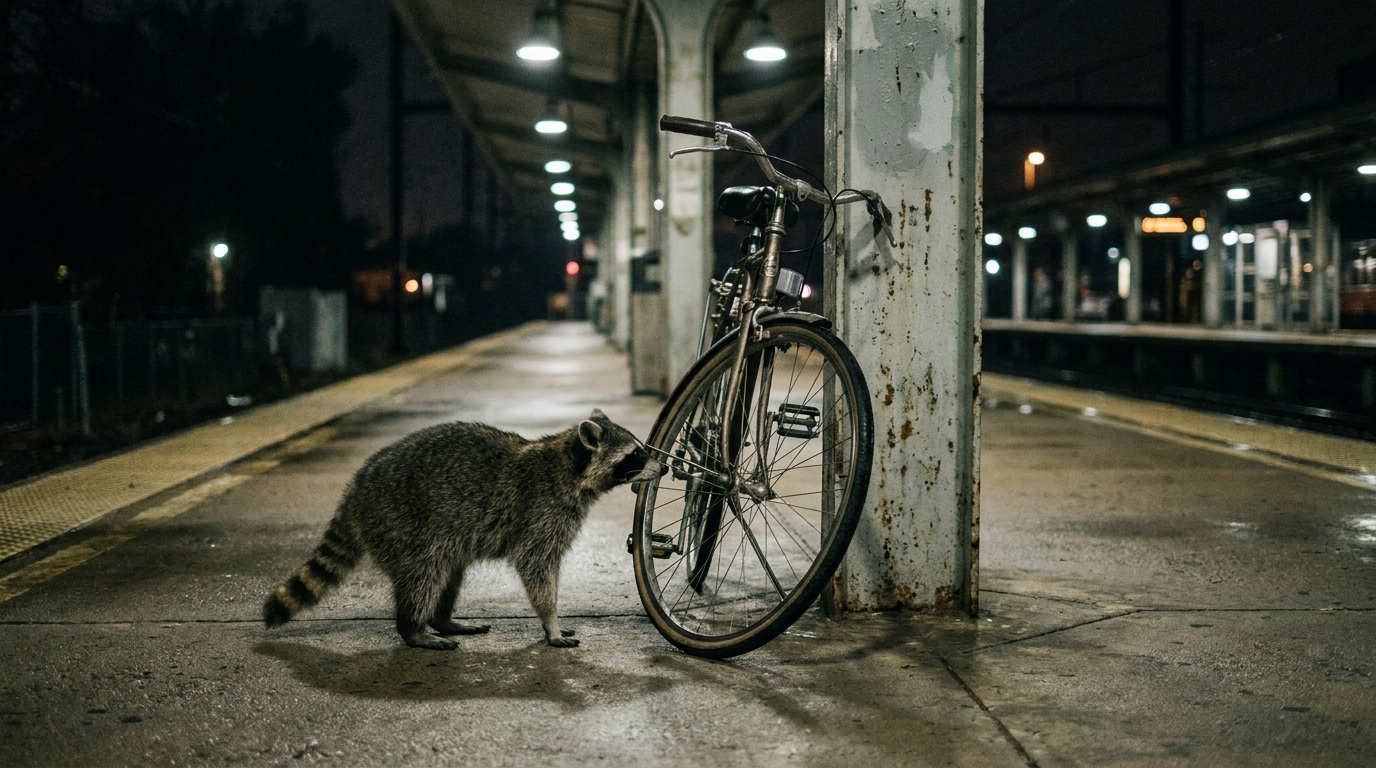 Fahrradmitnahme Bahn Satire: Waschbär steht am Bahnsteig neben einem angelehnten Fahrrad