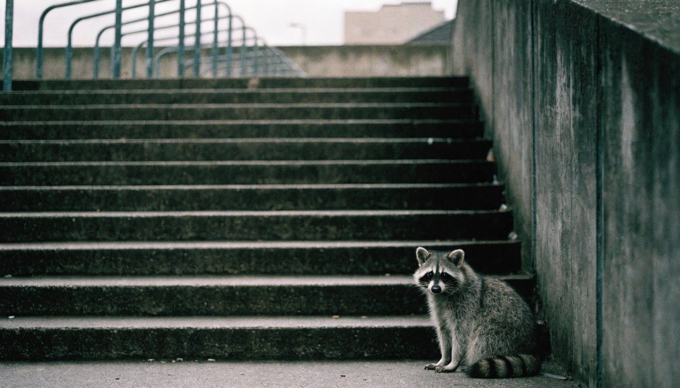 Fahrradstellplätze Zuwegung Satire: Waschbär sitzt am Fuß einer langen Treppe, oben stehen leere Fahrradbügel
