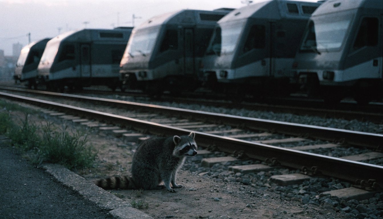 Fahrzeugbeschaffung Personal Satire: Waschbär sitzt vor einer Reihe fabrikneuer Triebwagen mit dunklen leeren Führerständen