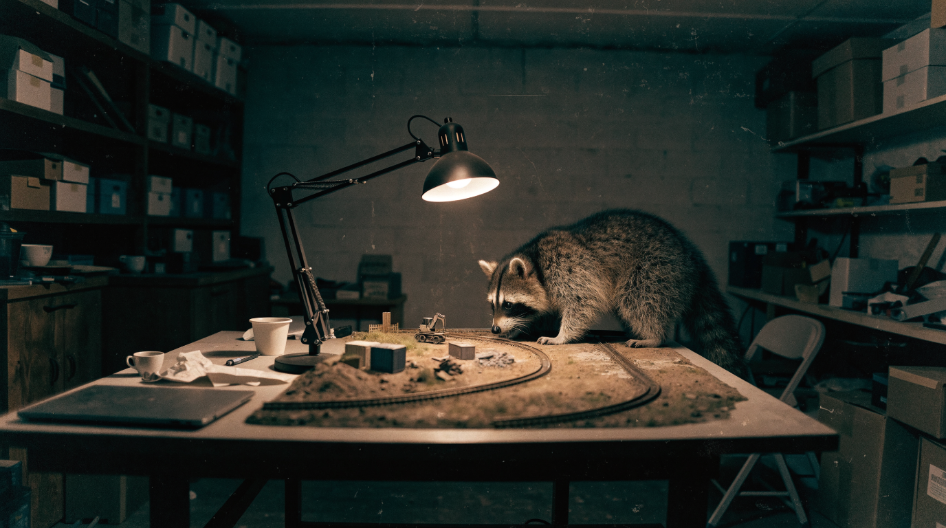 Fanshop Modellbaustelle Satire: Waschbär beugt sich über eine Modellbahnanlage mit einer Miniatur-Baustelle