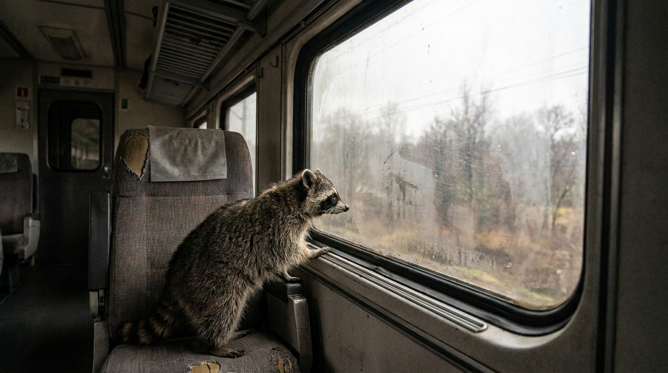 Zugfenster Satire: Waschbär sitzt am Fenster eines Zuges und blickt durch eine verschmutzte Scheibe