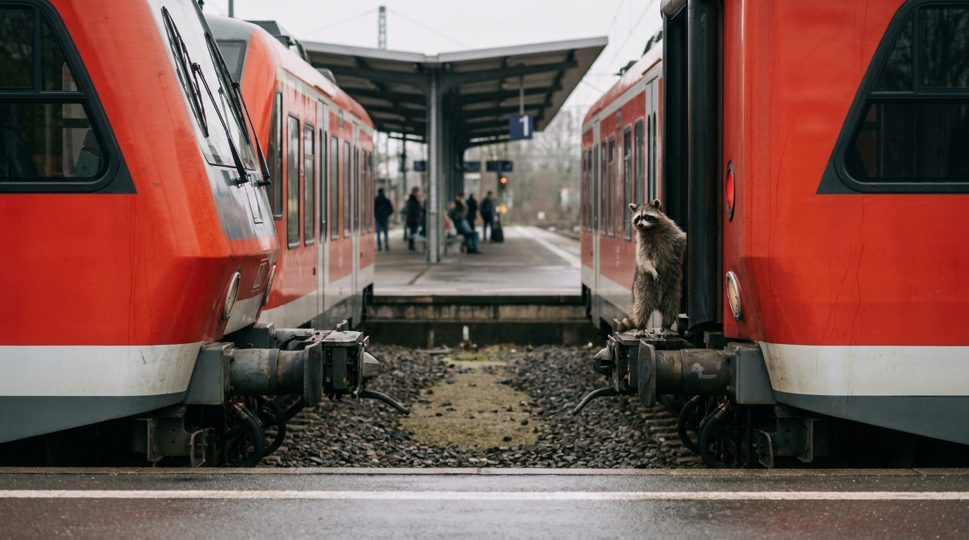 Flügelzug Satire: Waschbär steht zwischen zwei Zugteilen auf einem Bahnsteig