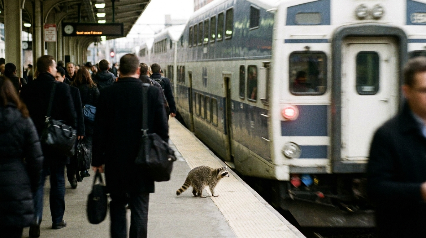 Frankreich Streik Satire: Waschbär steht auf einem belebten Bahnsteig vor einem doppelstöckigen Zug