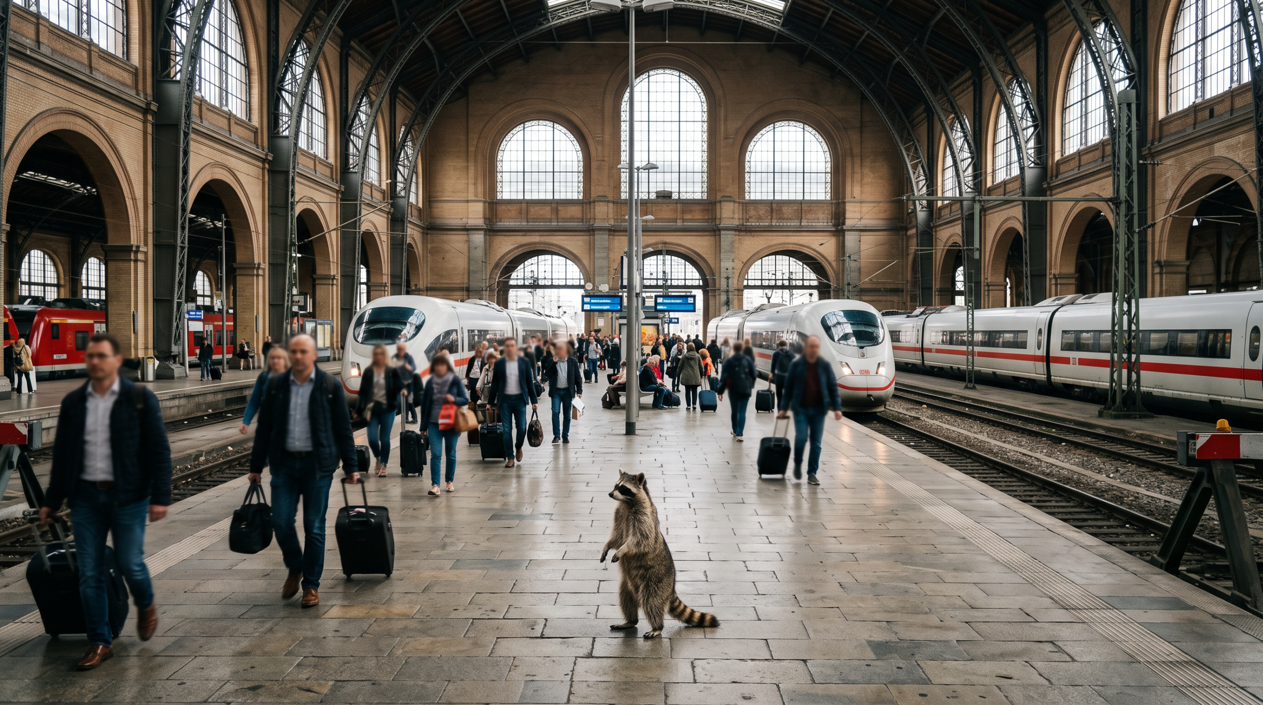 Bahnhofshalle Satire: Waschbär steht in einer großen kühlen Bahnhofshalle mit hohen Fenstern