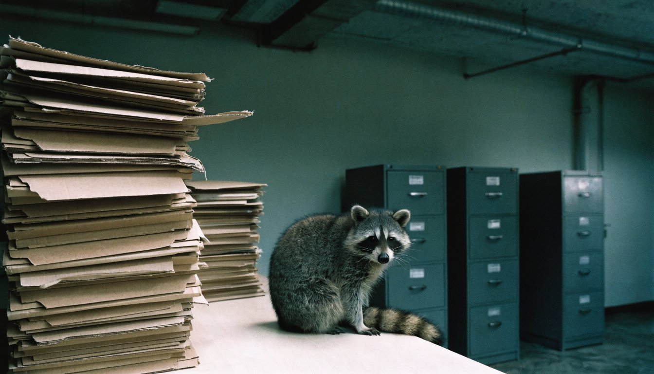 Fristbeginn Planfeststellung Satire: Waschbär sitzt auf einem Schreibtisch neben hohen Stapeln von Aktenordnern