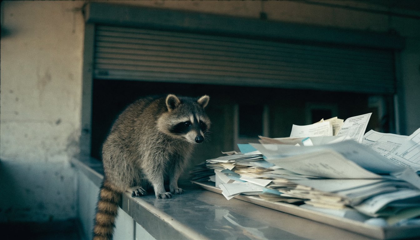 Fristenschere Satire: Waschbär sitzt auf einer Ablage vor einem geschlossenen Rollladen eines Servicecounters