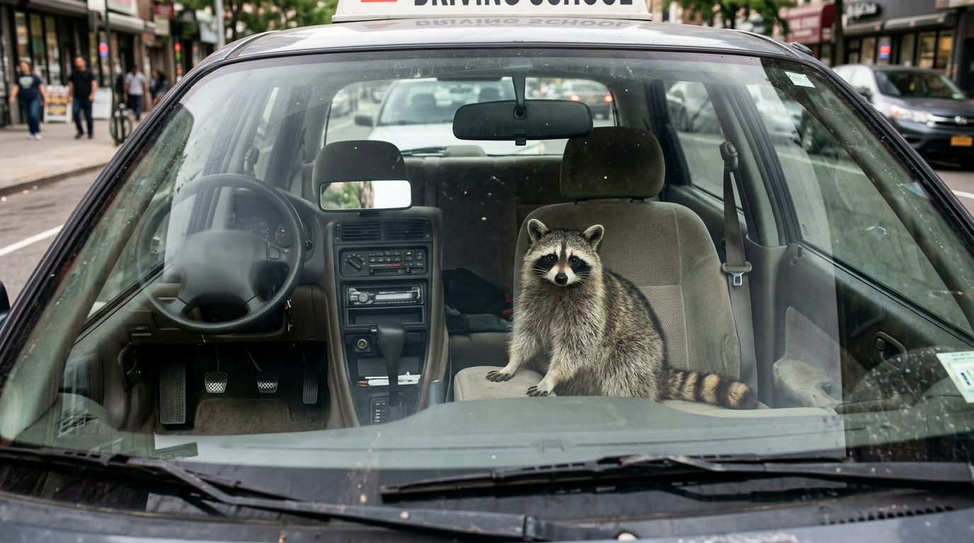Führerschein Satire: Waschbär sitzt auf dem Beifahrersitz eines Fahrschulwagens