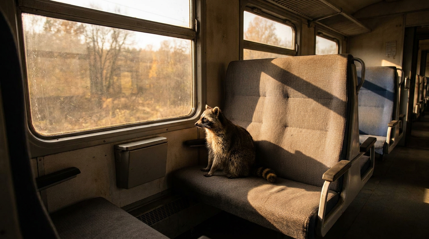 Sitzplatz Satire: Waschbär sitzt am Fensterplatz eines Zugabteils und schaut hinaus