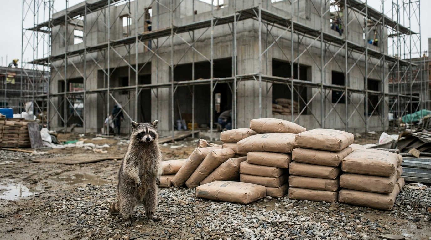 Gebäudetyp E Satire: Waschbär steht vor einer Baustelle mit Gerüst und Rohbau